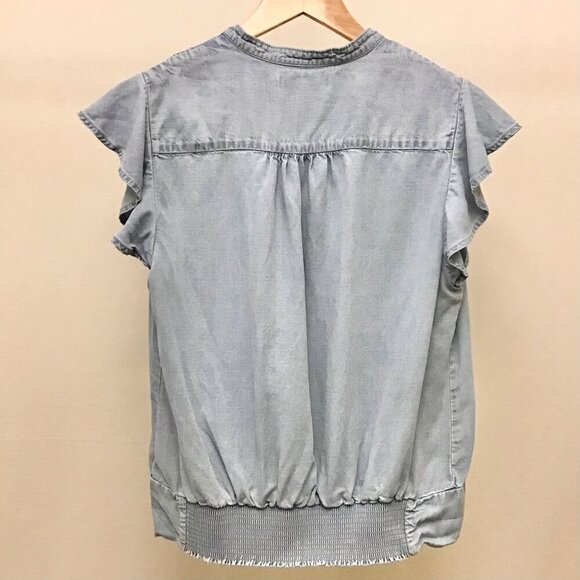 FRAME Large Flutter Sleeve Smocked Chambray Women’s Linen Blend Top Blouse - Picture 4 of 10
